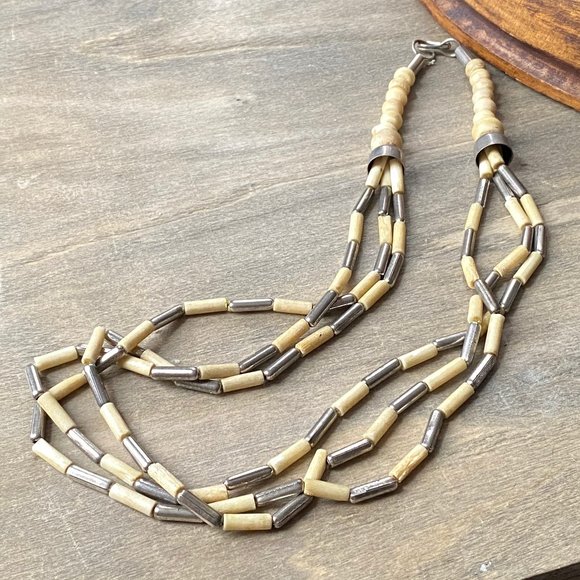 Carved Bone & Silver-plate Beaded Tribal Necklace - Picture 1 of 3